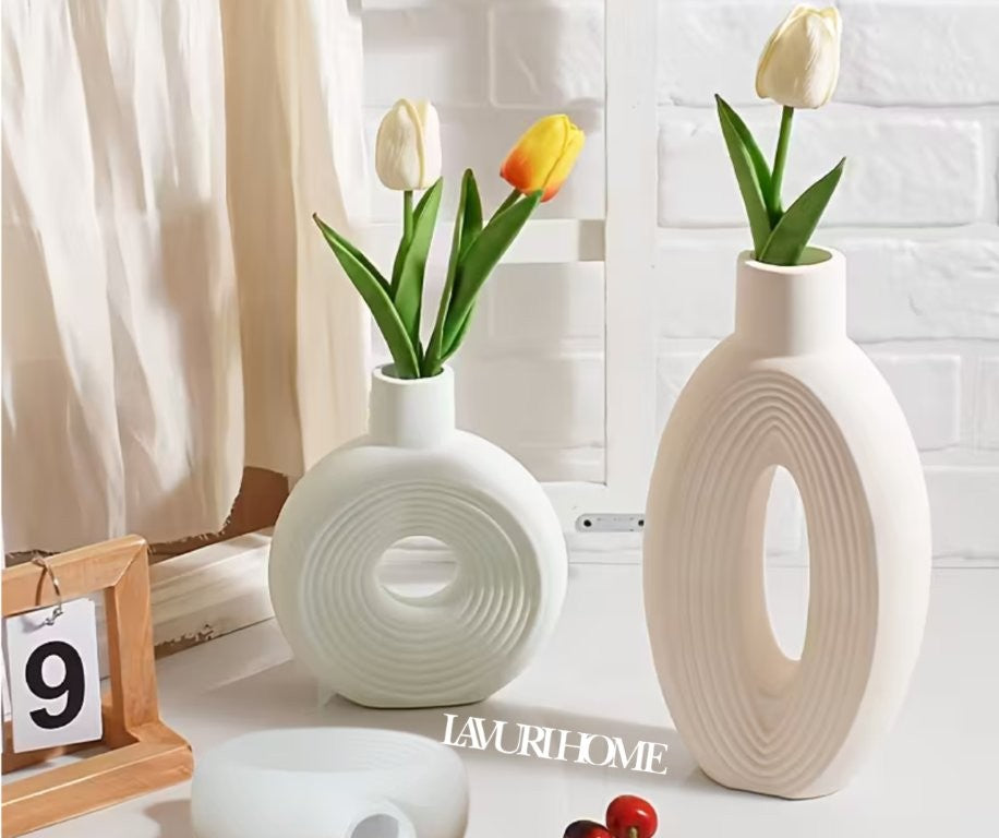 GIRO 18x16 - OVAL 27x14 Circle Line Vase white ceramic Boho Vase for Home Decor handmade in Portugal 1300g 5,5cm Gieß- Keramik