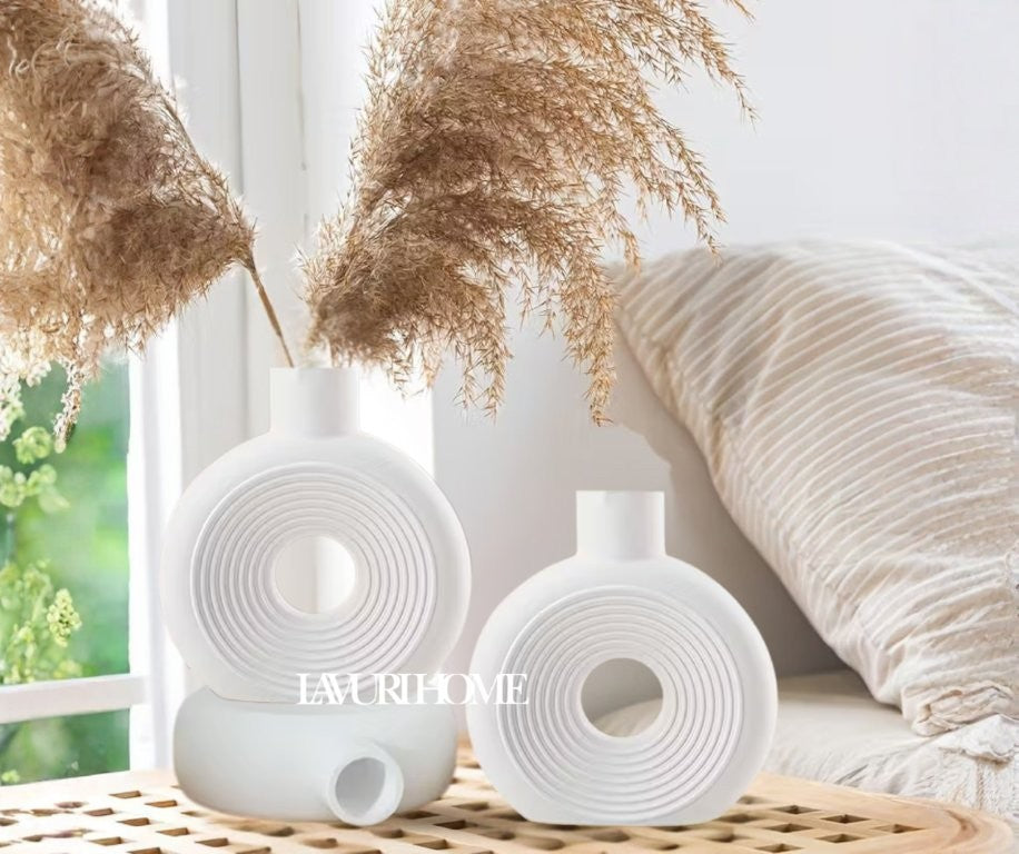 GIRO 18x16 - OVAL 27x14 Circle Line Vase white ceramic Boho Vase for Home Decor handmade in Portugal 1300g 5,5cm Gieß- Keramik
