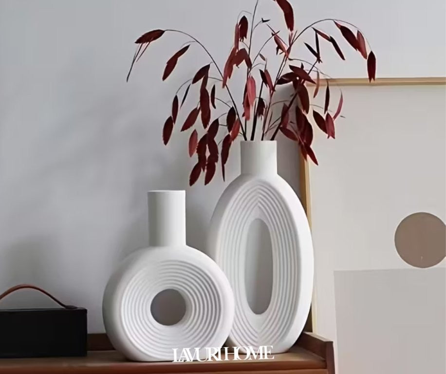 GIRO 18x16 - OVAL 27x14 Circle Line Vase white ceramic Boho Vase for Home Decor handmade in Portugal 1300g 5,5cm Gieß- Keramik