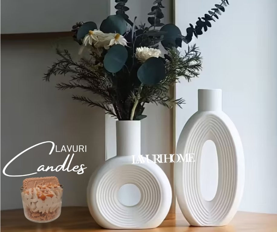 GIRO 18x16 - OVAL 27x14 Circle Line Vase white ceramic Boho Vase for Home Decor handmade in Portugal 1300g 5,5cm Gieß- Keramik