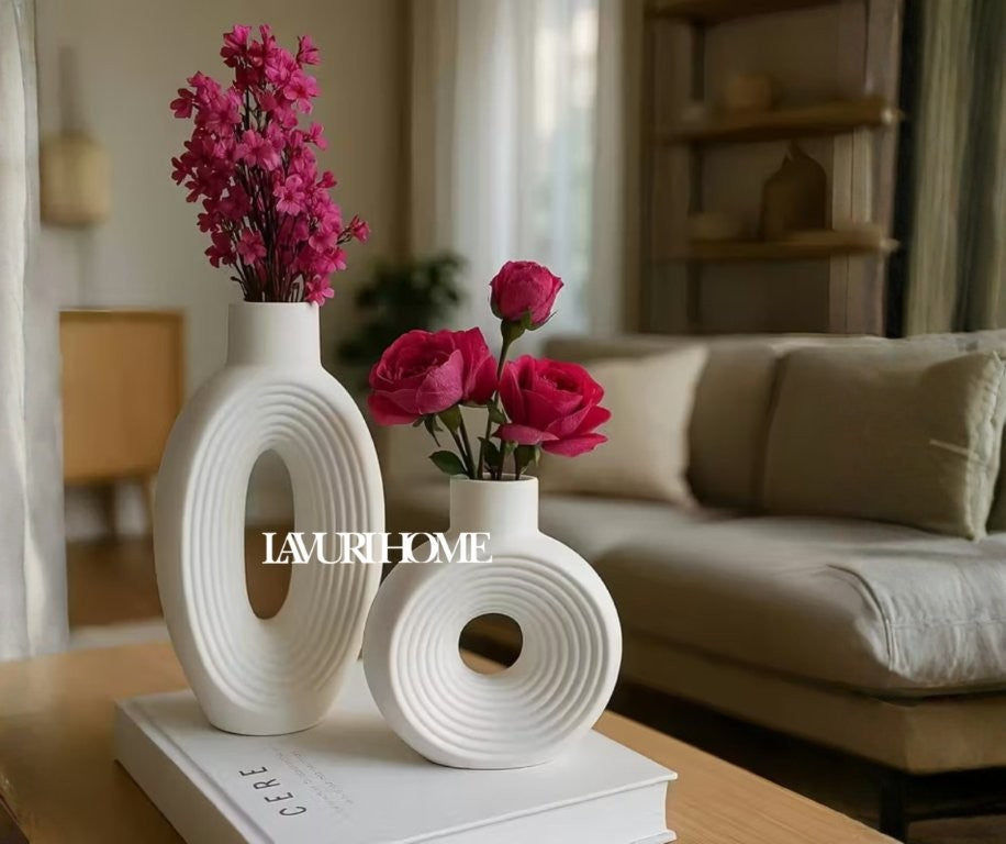 GIRO 18x16 - OVAL 27x14 Circle Line Vase white ceramic Boho Vase for Home Decor handmade in Portugal 1300g 5,5cm Gieß- Keramik