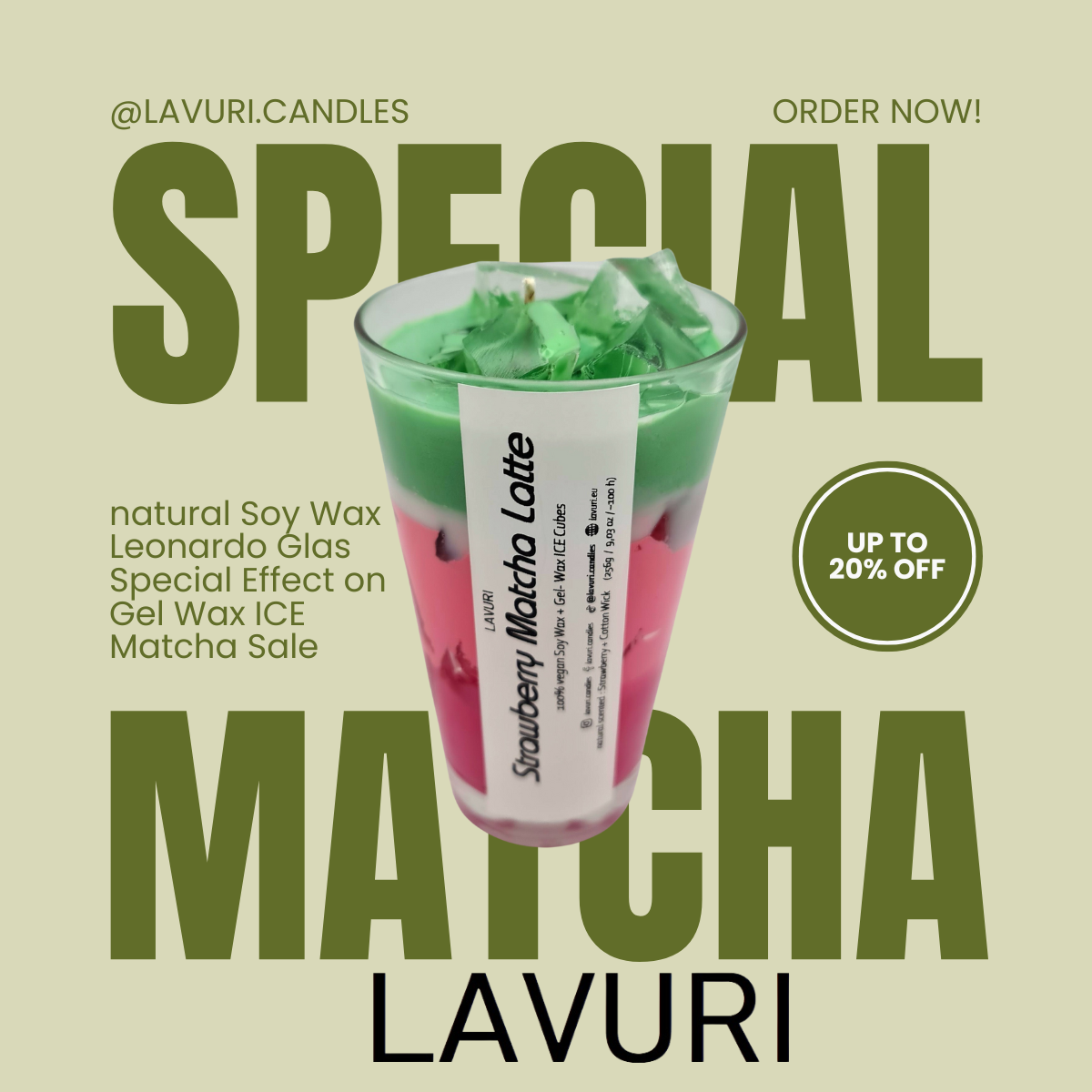 LAVURI® Strawberry Matcha Latte aus Soja Wachs Duftkerze vegan mit Gel- Wachs Eiswürfeln, handmade