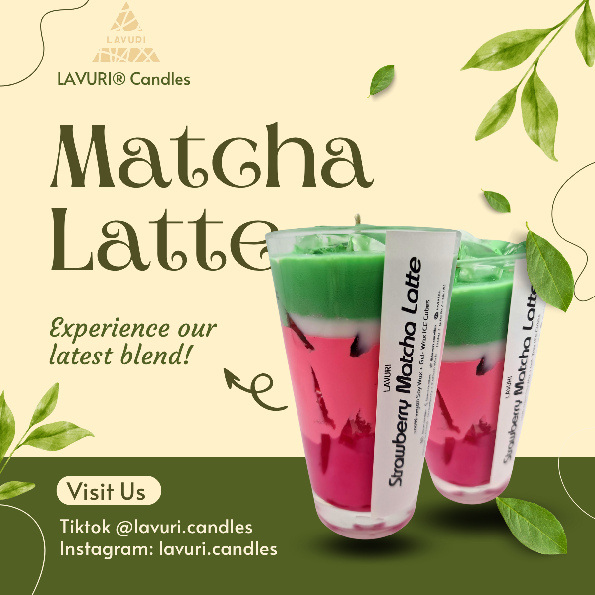 LAVURI® Strawberry Matcha Latte aus Soja Wachs Duftkerze vegan mit Gel- Wachs Eiswürfeln, handmade