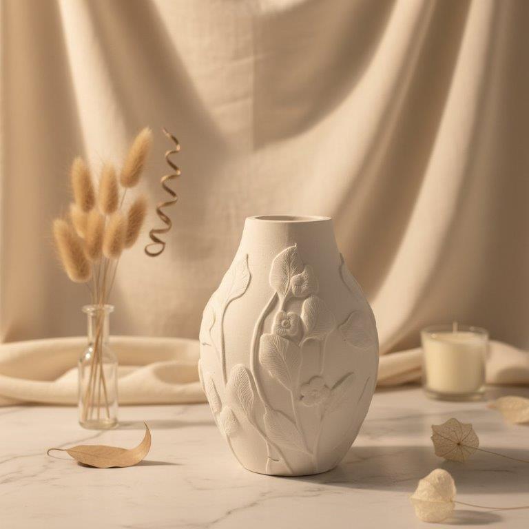Les Fleurs "Water Lily" - Vase for Dried Flowers like Pampas Grass, 11 x 7.5 cm, Round Ceramic Vase with Petal Pattern