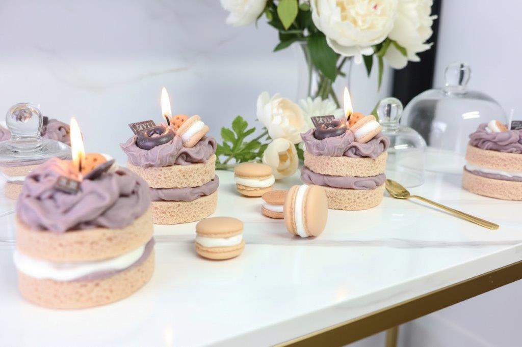 LAVURI® Caramel Cake Candle - Cake with whipped cream, chocolate bars and cookie rings as decoration