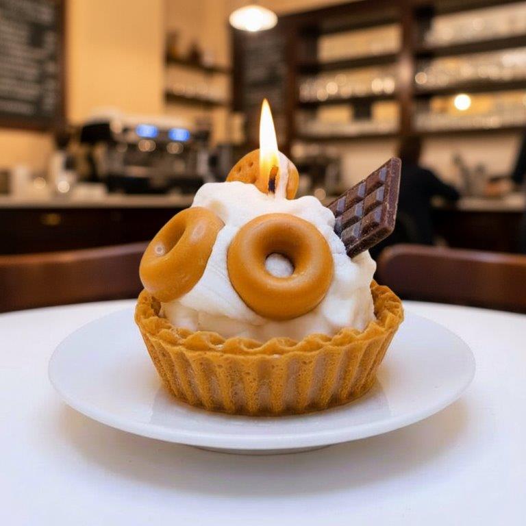 LAVURI® Caramel Tart - Gourmet Cookie Candle as a caramel sponge cake with whipped cream, chocolate bar and cookie rings as decoration