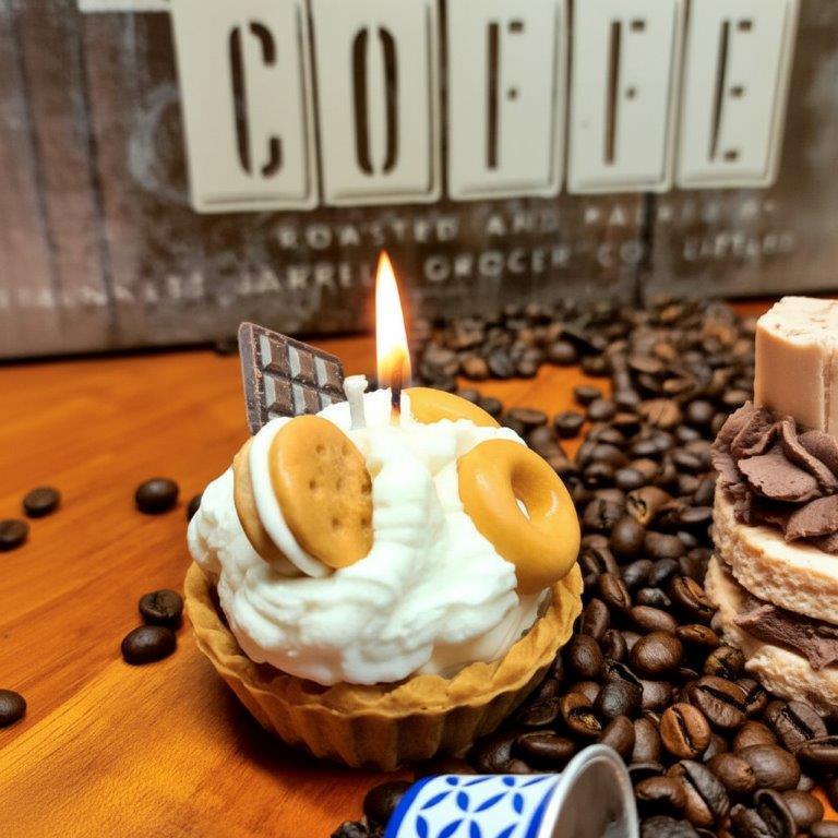 LAVURI® Caramel Tart - Gourmet Cookie Candle as a caramel sponge cake with whipped cream, chocolate bar and cookie rings as decoration