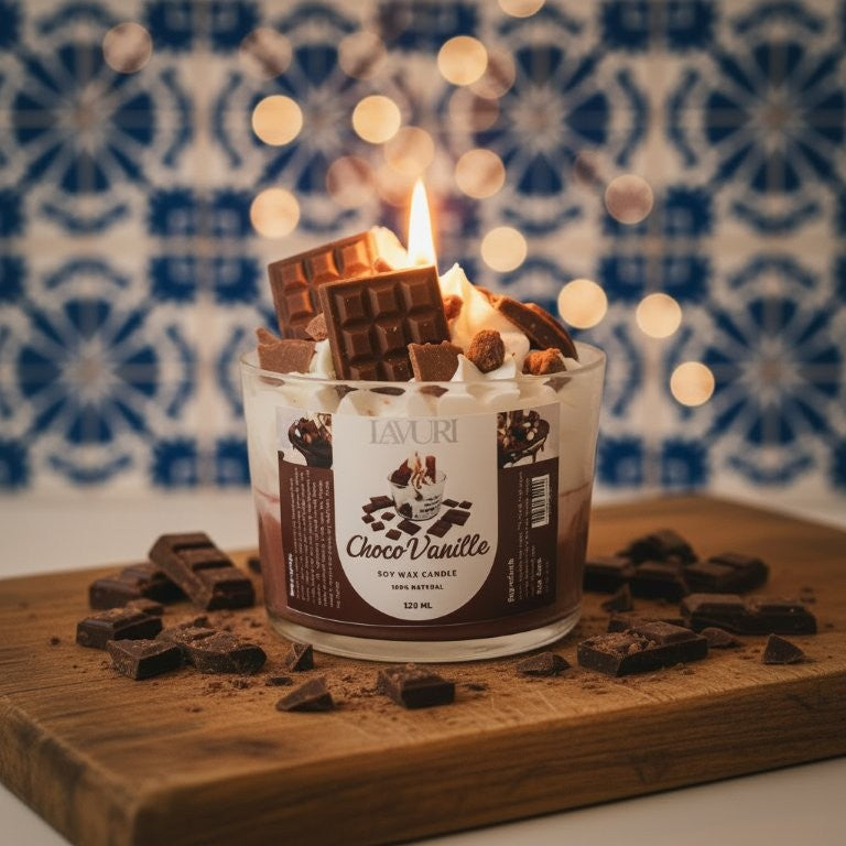 LAVURI Chocolate Vanilla CUP — handmade soy dessert candle in glass, Portugal
