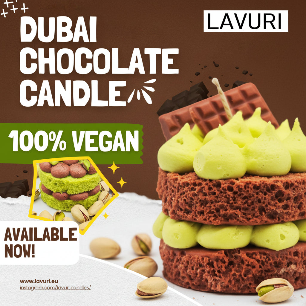 LAVURI Dubai Chocolate Cake Gourmet Dessert Duftkerze handmade bio vegan algarve candle portugal germany
