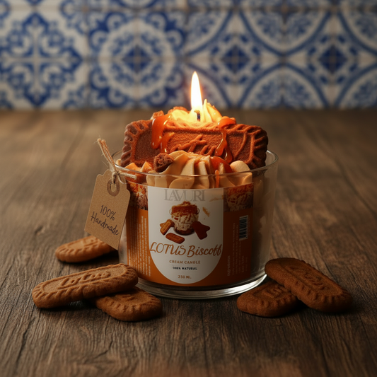 LAVURI LOTUS BISCOFF Gourmet Dessert Candle, Soy Wax foam & detailed decorated, vegan bio from Europe, handmade in Portugal - LAVURI® Home DECOR & Gourmet Candles