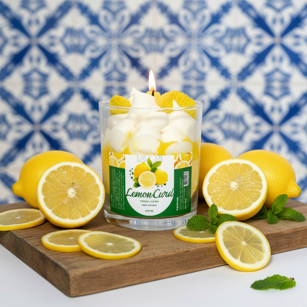 LAVURI Lemon Curd CUP Gourmet Dessert Candle, Soy Wax handwipped foam & detailed decorated, vegan bio handmade - LAVURI® Home DECOR & Gourmet Candles