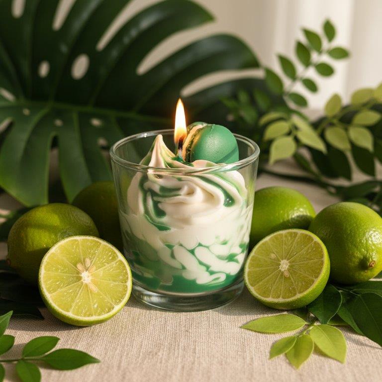 LAVURI Lime Cream CUP Gourmet Dessert Candle, Soy Wax handwipped foam & detailed decorated, vegan bio handmade