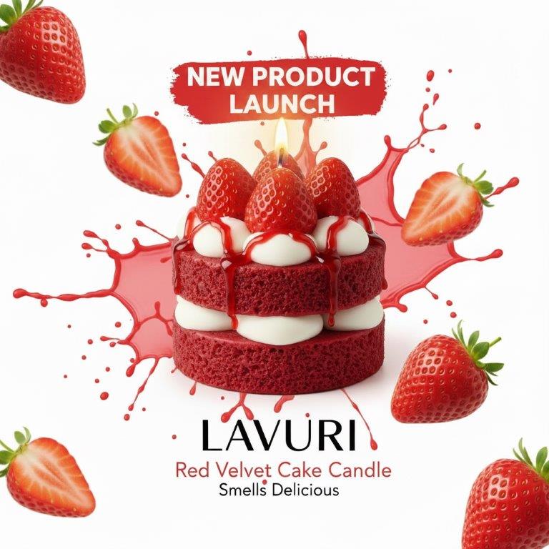 LAVURI® RED Velvet Strawberry cake with whipped cream and fruit as a topping on a red, fluffy cake base – a gourmet dessert candle made from 100% soy wax