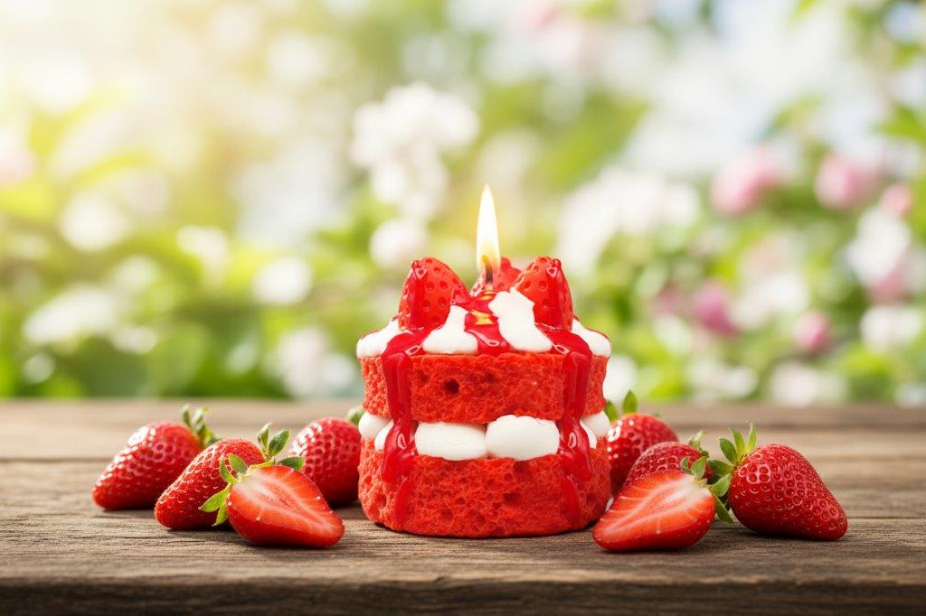 LAVURI® RED Velvet Strawberry cake with whipped cream and fruit as a topping on a red, fluffy cake base – a gourmet dessert candle made from 100% soy wax