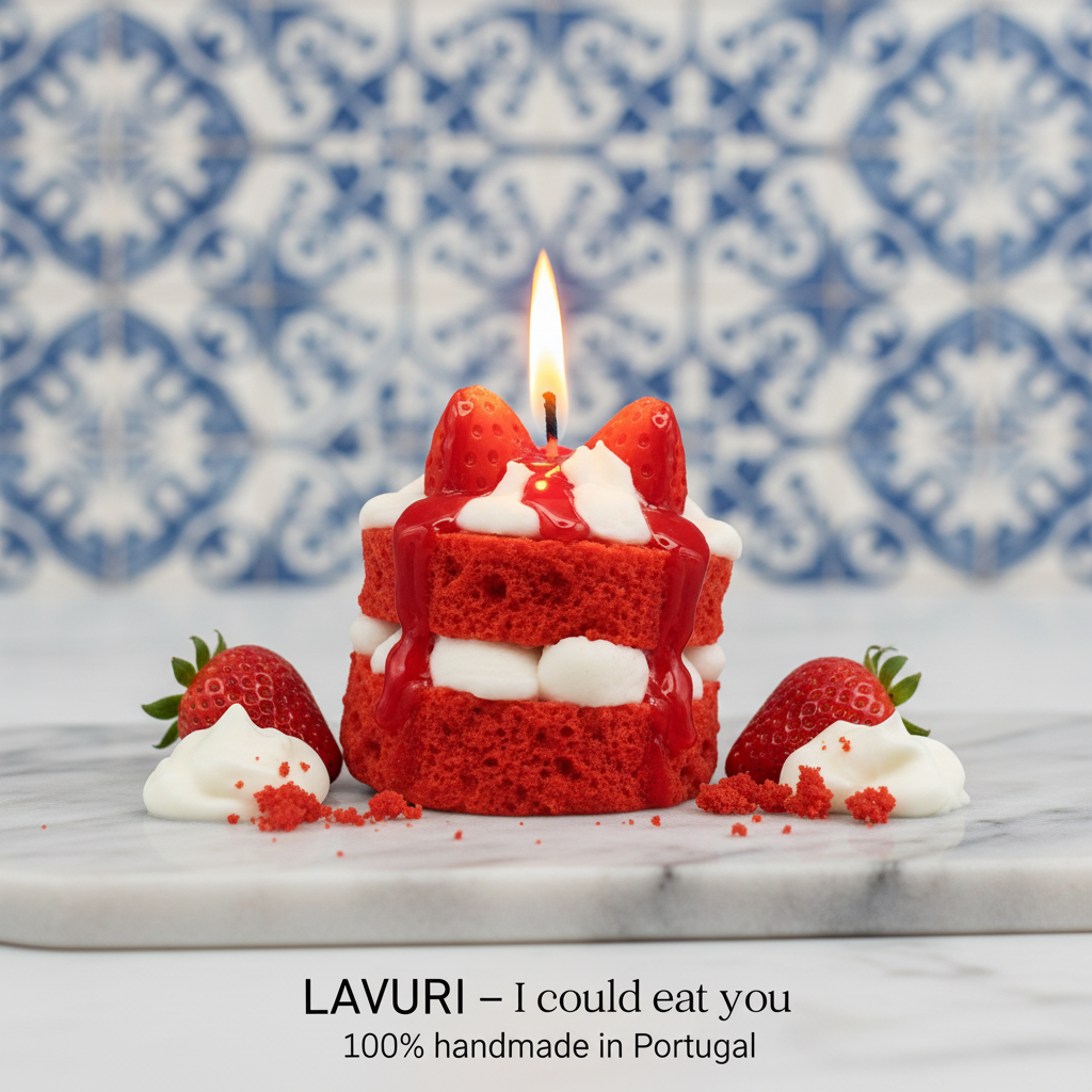 LAVURI® RED Velvet Strawberry cake with whipped cream and fruit as a topping on a red, fluffy cake base – a gourmet dessert candle made from 100% soy wax - LAVURI® Home DECOR & Gourmet Candles