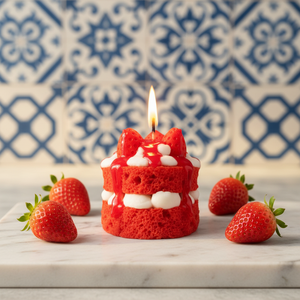 LAVURI® RED Velvet Strawberry cake with whipped cream and fruit as a topping on a red, fluffy cake base – a gourmet dessert candle made from 100% soy wax - LAVURI® Home DECOR & Gourmet Candles