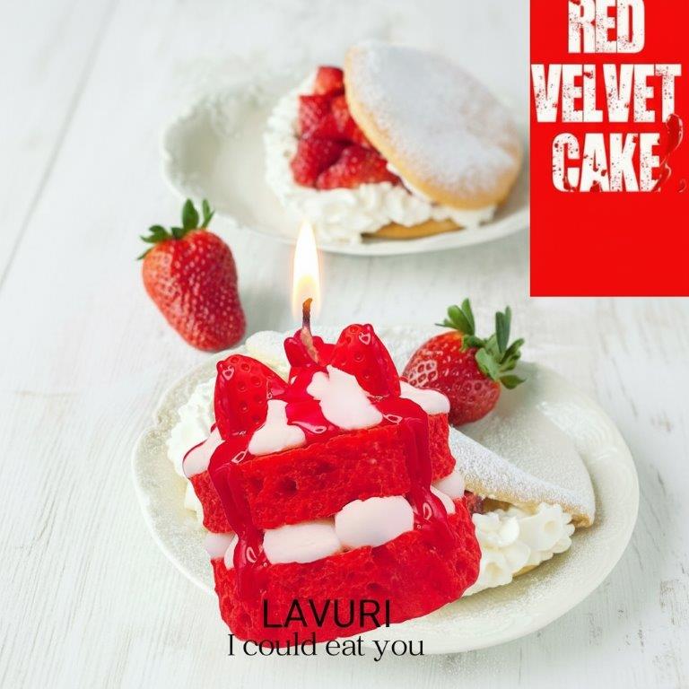 LAVURI® RED Velvet Strawberry cake with whipped cream and fruit as a topping on a red, fluffy cake base – a gourmet dessert candle made from 100% soy wax