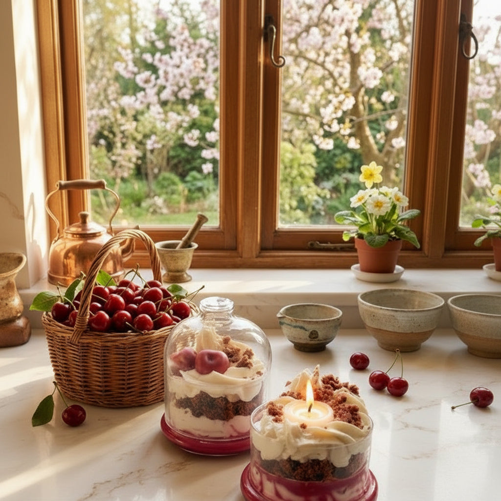 Schwarzwälder Kirsch Cream Candle with reusable Glas Dome, Cherry & Crums handmade scented candle made of 100% soy wax, fruit smell