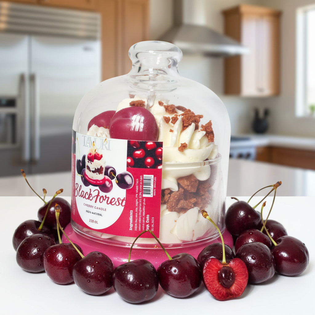 Schwarzwälder Kirsch Cream Candle with reusable Glas Dome, Cherry & Crums handmade scented candle made of 100% soy wax, fruit smell