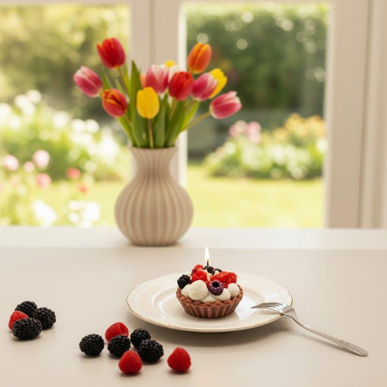LAVURI® Silvestri Tart - Gourmet Cookie Candle, Berry mix with creme, red Gel- Wax Sauce and pouder as garnish