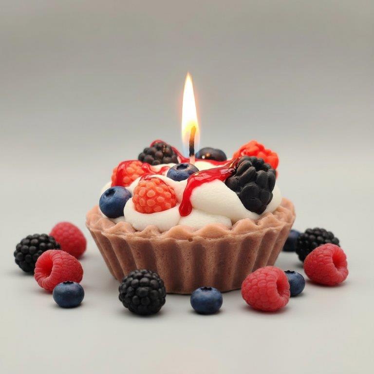 LAVURI® Silvestri Tart - Gourmet Cookie Candle, Berry mix with creme, red Gel- Wax Sauce and pouder as garnish
