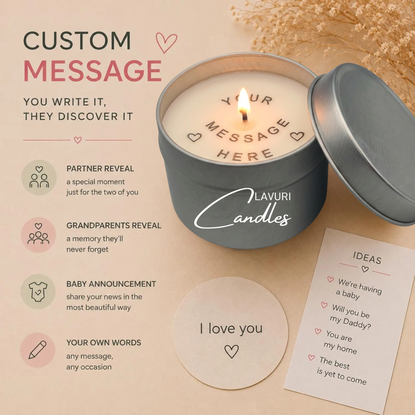 Vela Sorpresa LAVURI, Mensaje en una Lata, vela artesanal de cera de soja natural perfumada, vela regalo con mensaje secreto