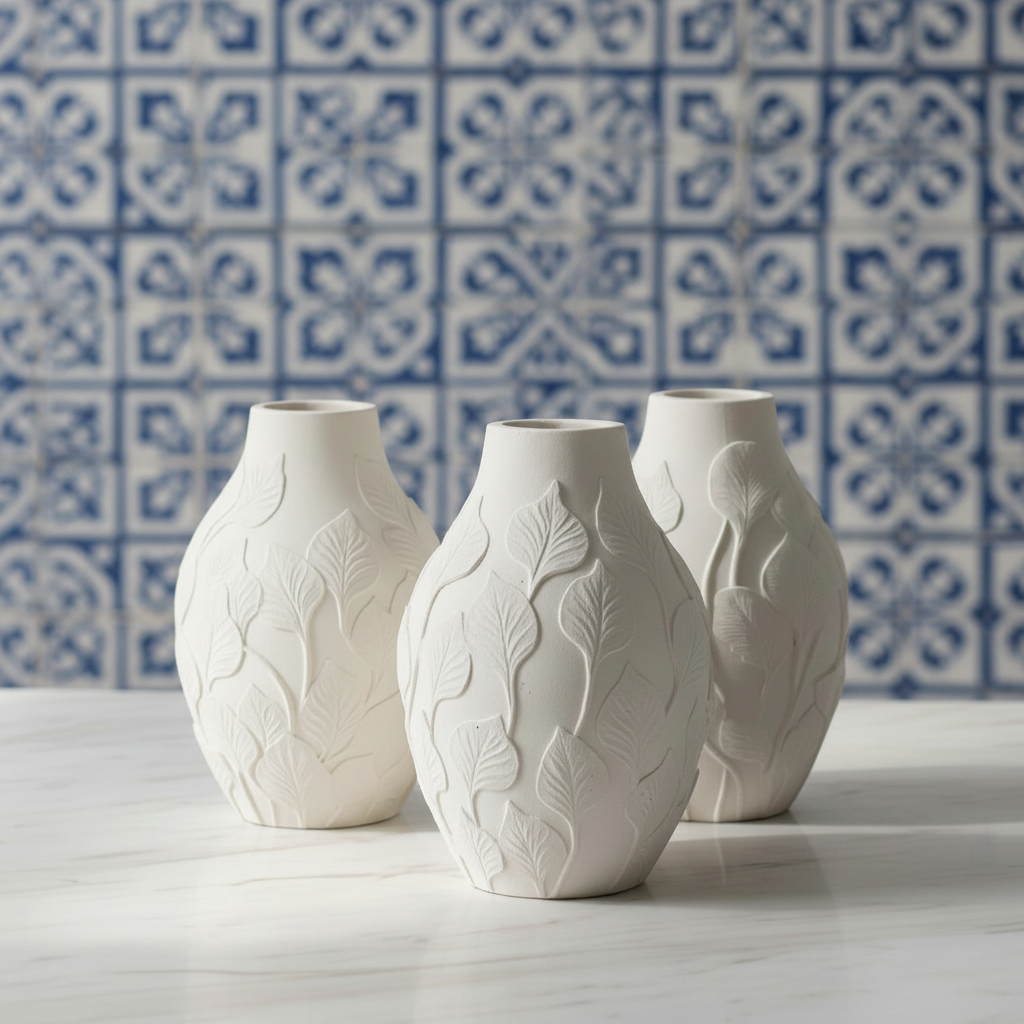 3 Les Fleurs "Collection" - Vases for Dried Flowers like Pampas Grass, 11 x 7.5 cm, Round Ceramic Vase with Petal Pattern - LAVURI® Home DECOR & Gourmet Candles