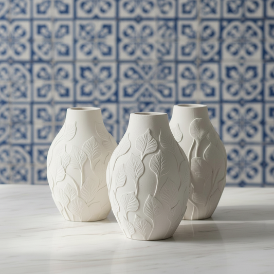 3 Les Fleurs "Collection" - Vases for Dried Flowers like Pampas Grass, 11 x 7.5 cm, Round Ceramic Vase with Petal Pattern - LAVURI® Home DECOR & Gourmet Candles