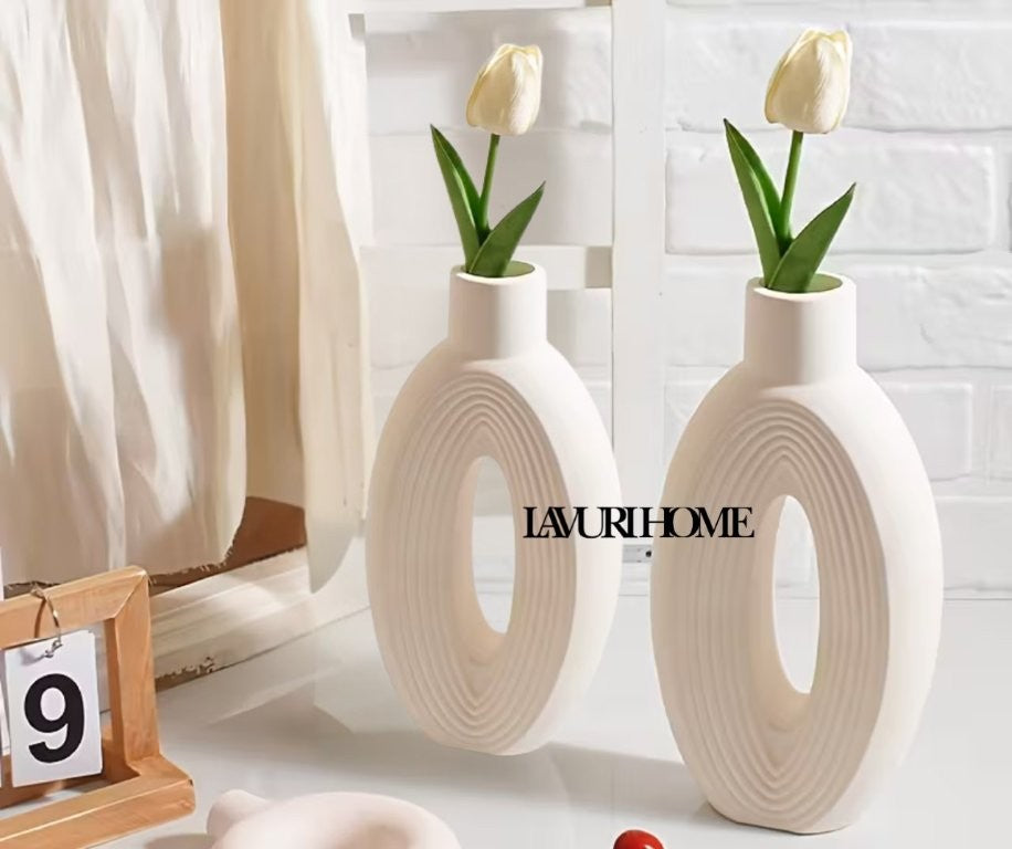 GIRO 18x16 - OVAL 27x14 Circle Line Vase white ceramic Boho Vase for Home Decor handmade in Portugal 1300g 5,5cm Gieß- Keramik