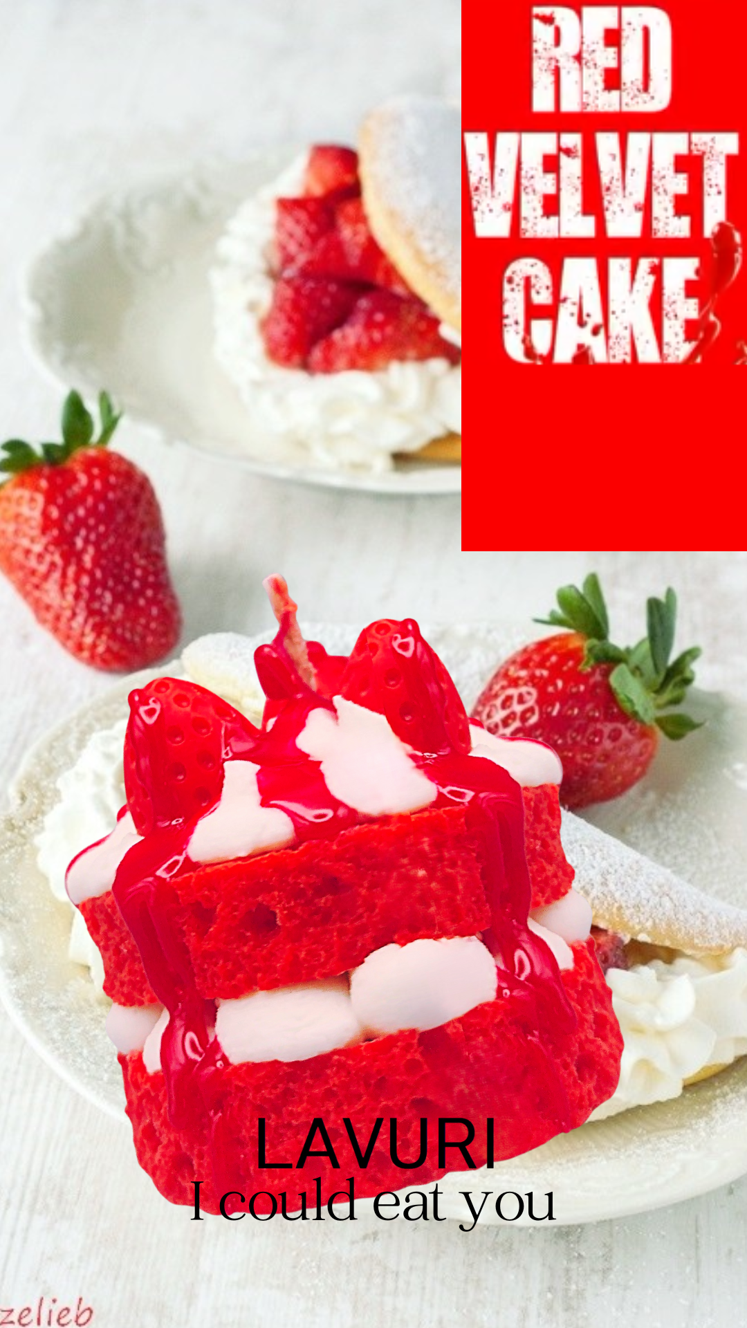 RED Velvet Strawberry cake come with chantilly and fruits as topping on a red fluffy cake base, 100% soy wax Gourmet Dessert Candle