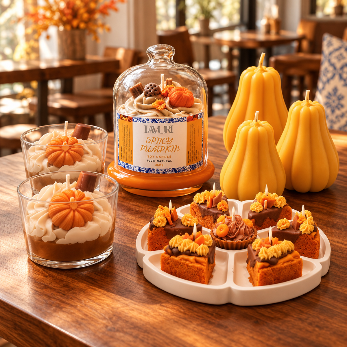 Autumn Vibes: one Spicy Pumpkin dome, two Pumpkin cups, three Pumpkin Fruit candles and the complete cake set with six slices, centre candle and tray.