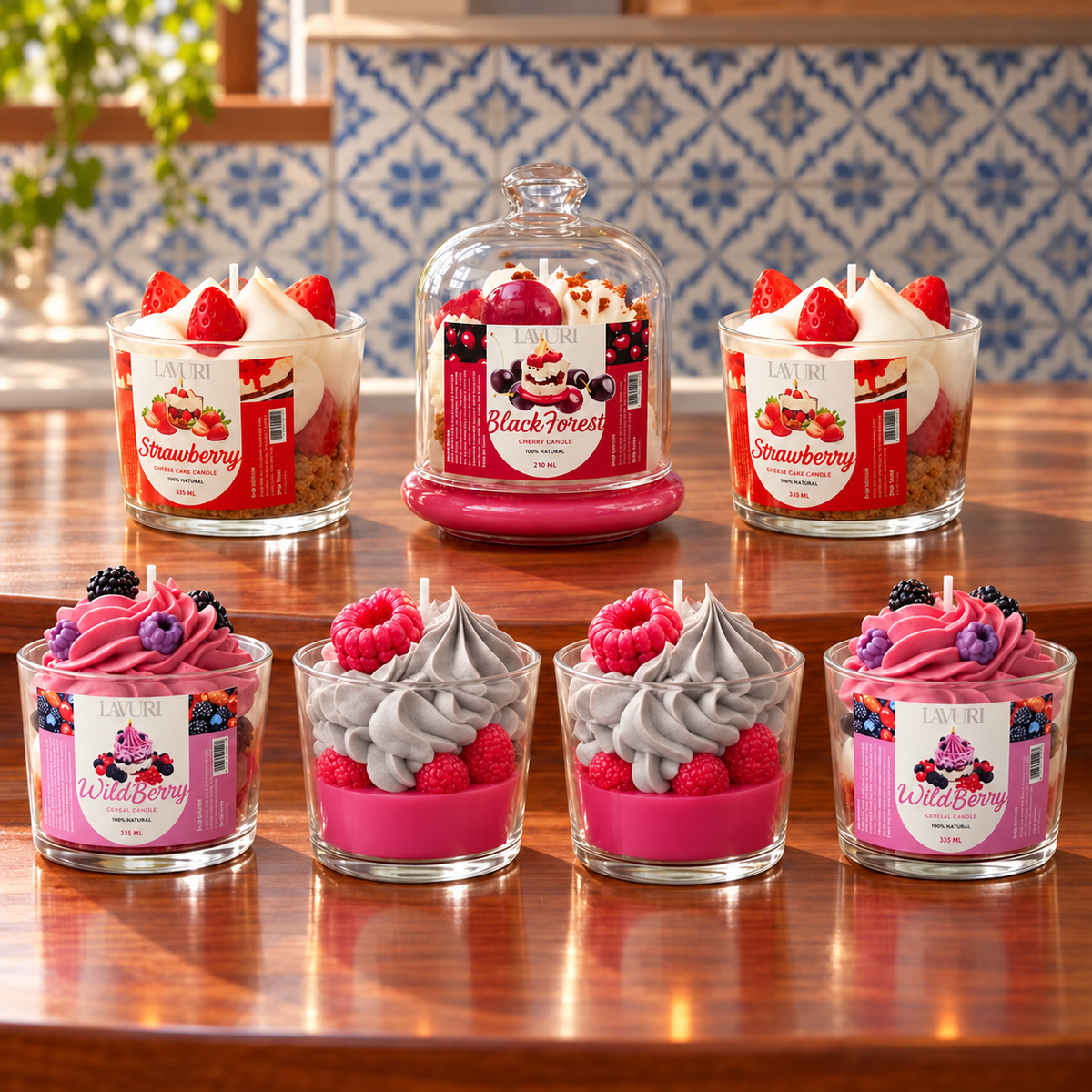 Berry Cups: two Strawberry Cheesecake cups, two Wild Berry cups, two Baie Sauvage cups and one Black Forest glass dome candle on a wooden café counter.