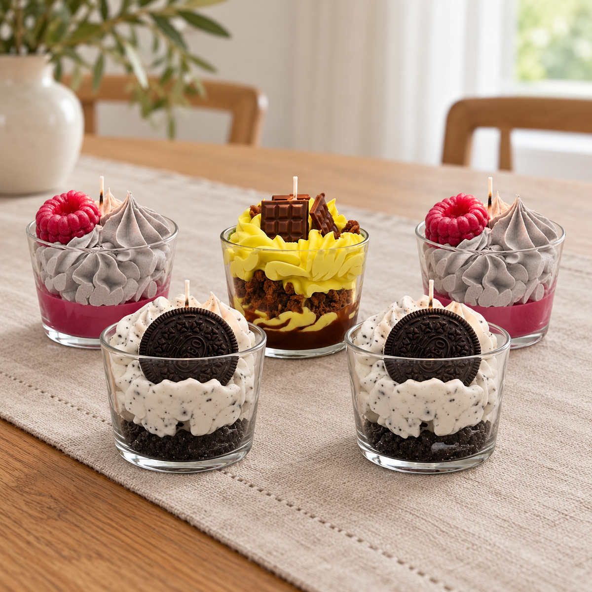 Gourmet bundle: two Baie Sauvage cups, two Nòrio Cream cups and one Pistachio Cream cup on an oak table.