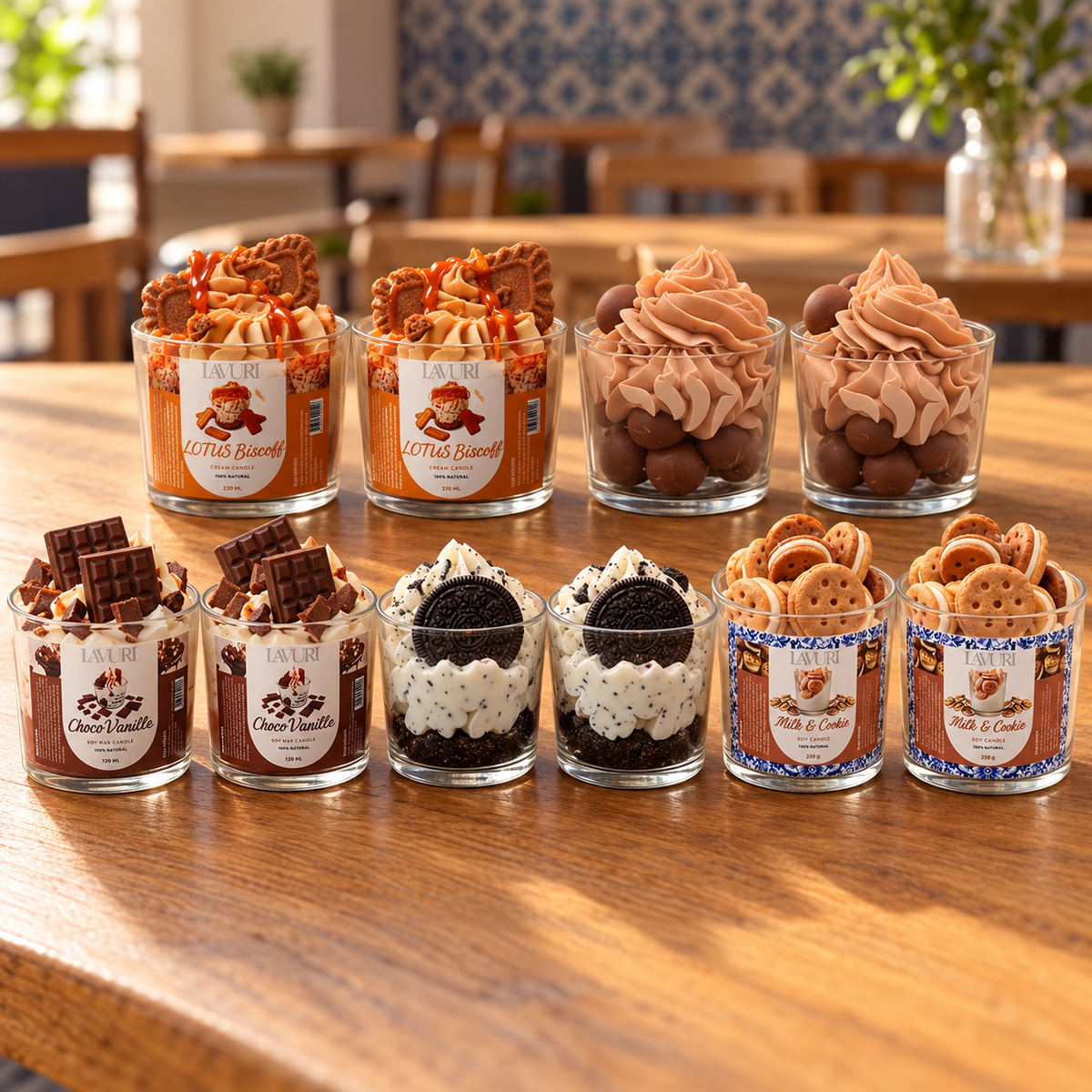 Simply the Best: two each Lotus Biscoff, Truffle Cream, Chocolate Vanilla, Nòrio and Milk & Cookie candles on a wooden café table.