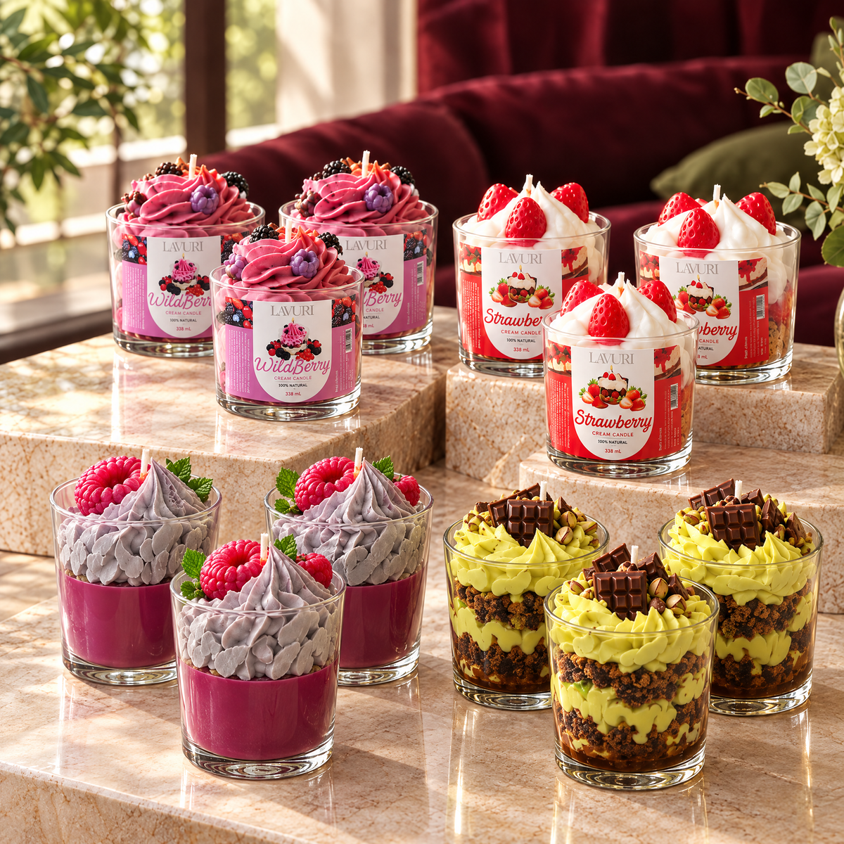 LAVURI Berry: 3 Wild Berry Cream CUP, 3 Strawberry Cheesecake CUP, 3 Baie Sauvage CUP, 3 Pistachio Cream CUP. Handmade soy-wax dessert candle starter pack from Portugal.