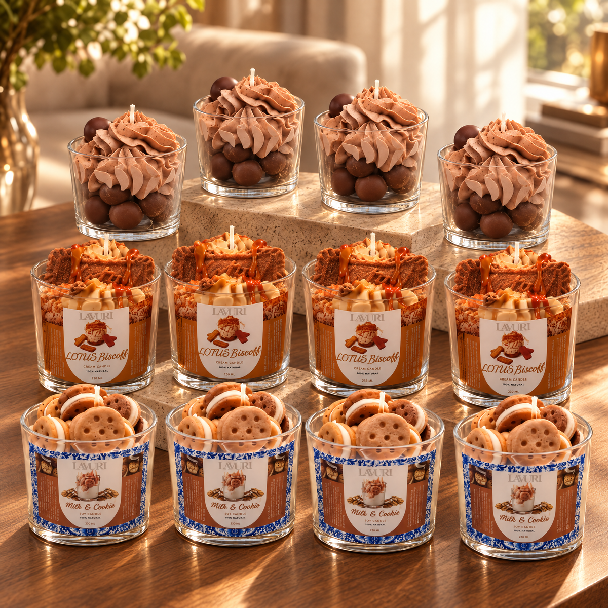 LAVURI Caramel Choco: 4 Truffle Cream CUP, 4 LOTUS BISCOFF, 4 MILK & Cookie. Handmade soy-wax dessert candle starter pack from Portugal.