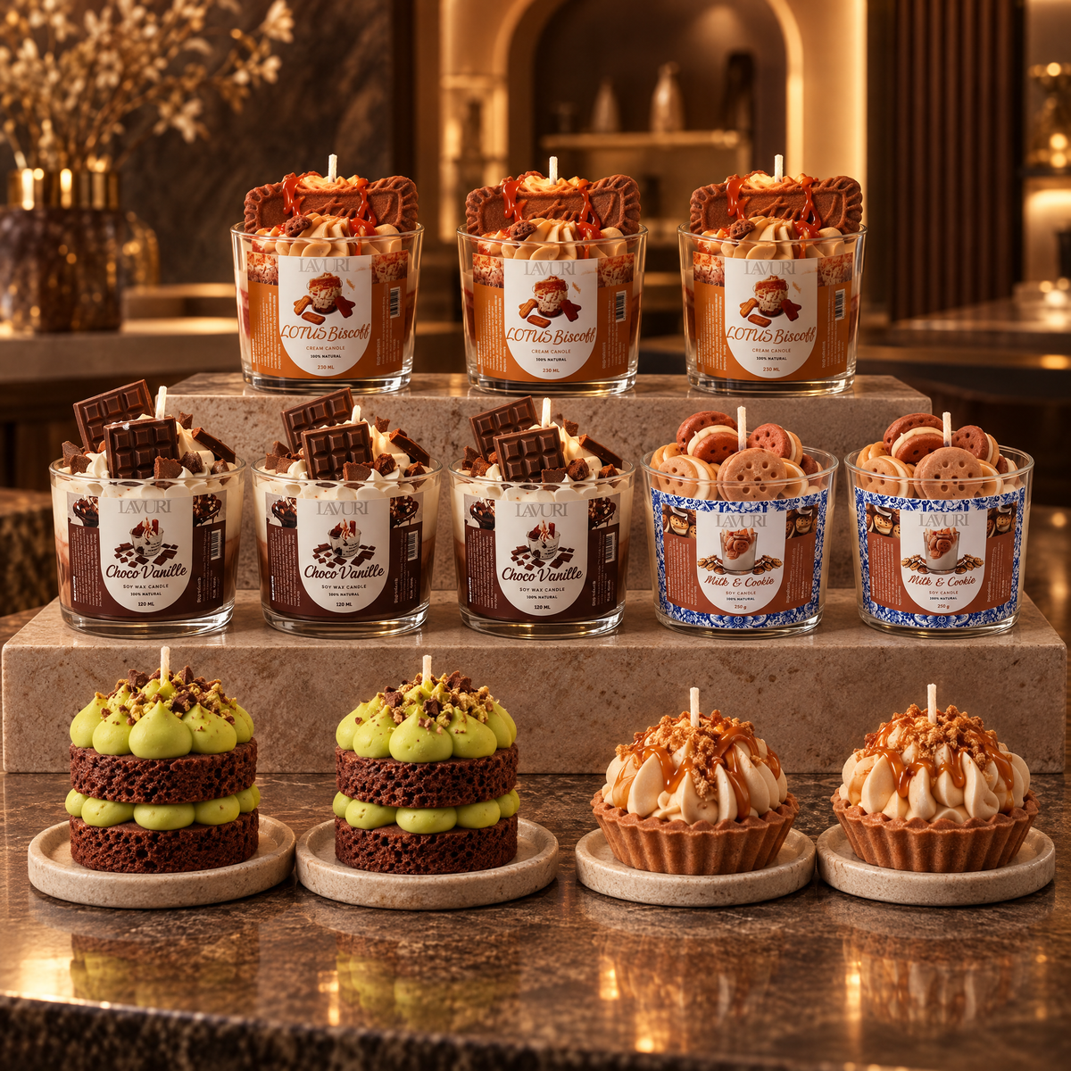 LAVURI Choco Caramel Lotus Mix: 3 LOTUS BISCOFF, 3 Chocolate Vanilla CUP, 2 MILK & Cookie, 2 Dubai Chocolate Cake, 2 LOTUS BISCOFF Tart. Handmade soy-wax dessert candle starter pack from Portugal.