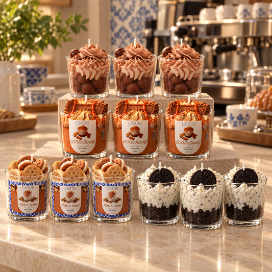 LAVURI Cookie: 3 Truffle Cream CUP, 3 LOTUS BISCOFF, 3 MILK & Cookie, 3 Nòrio Cream CUP. Handmade soy-wax dessert candle starter pack from Portugal.