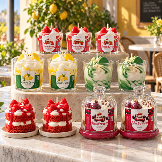 LAVURI Fruity Bestseller Mix: 3 Strawberry Cheesecake CUP, 2 Lemon Curd CUP, 2 Lime Cream CUP, 2 Red Velvet Strawberry Cake, 2 Black Forest Cherry — glass dome. Handmade soy-wax dessert candle starter pack from Portugal.