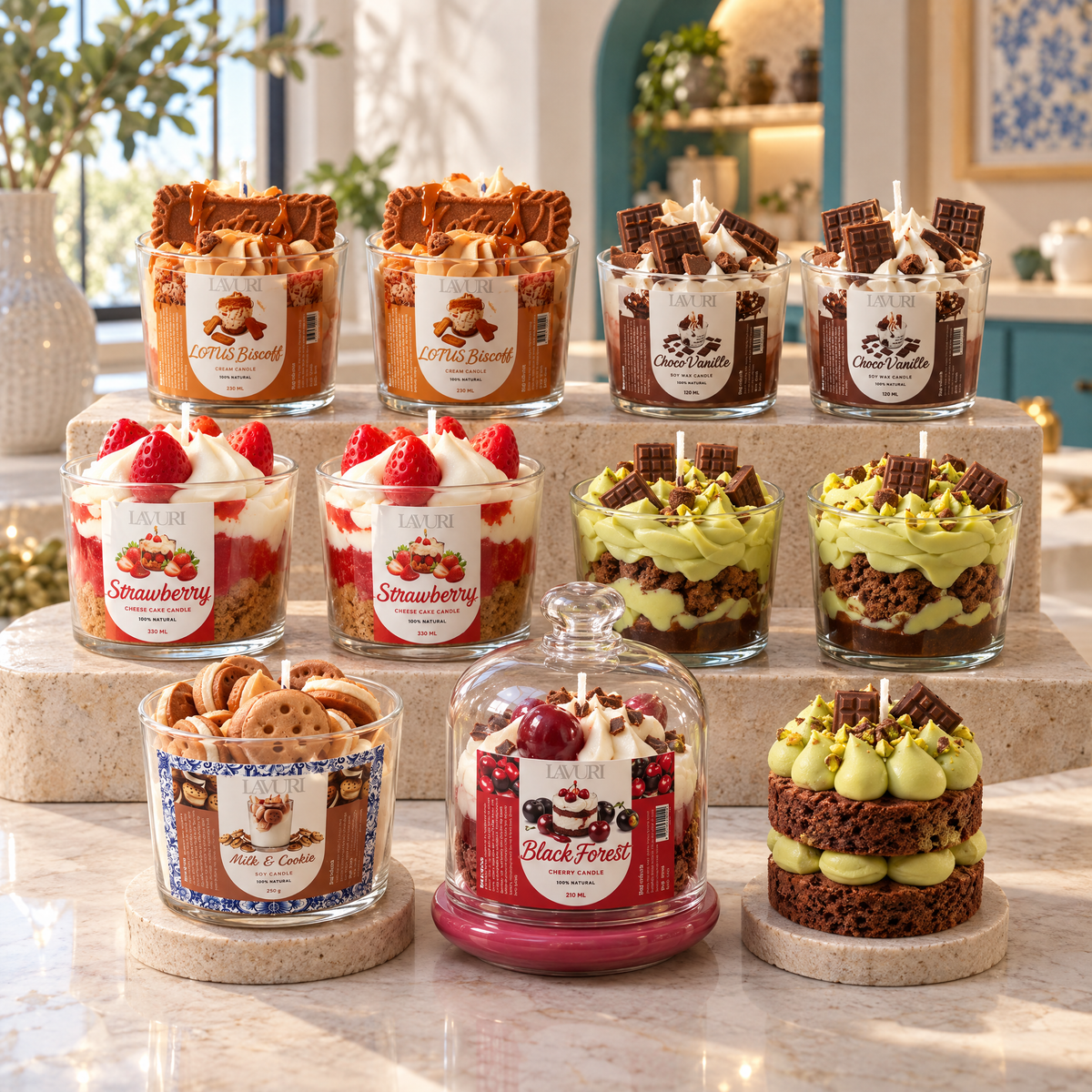 LAVURI Mixed Bestseller Box: 2 LOTUS BISCOFF, 2 Chocolate Vanilla CUP, 2 Strawberry Cheesecake CUP, 2 Pistachio Cream CUP, 1 MILK & Cookie, 1 Black Forest Cherry — glass dome, 1 Dubai Chocolate Cake. Handmade soy-wax dessert candle starter pack from Portugal.