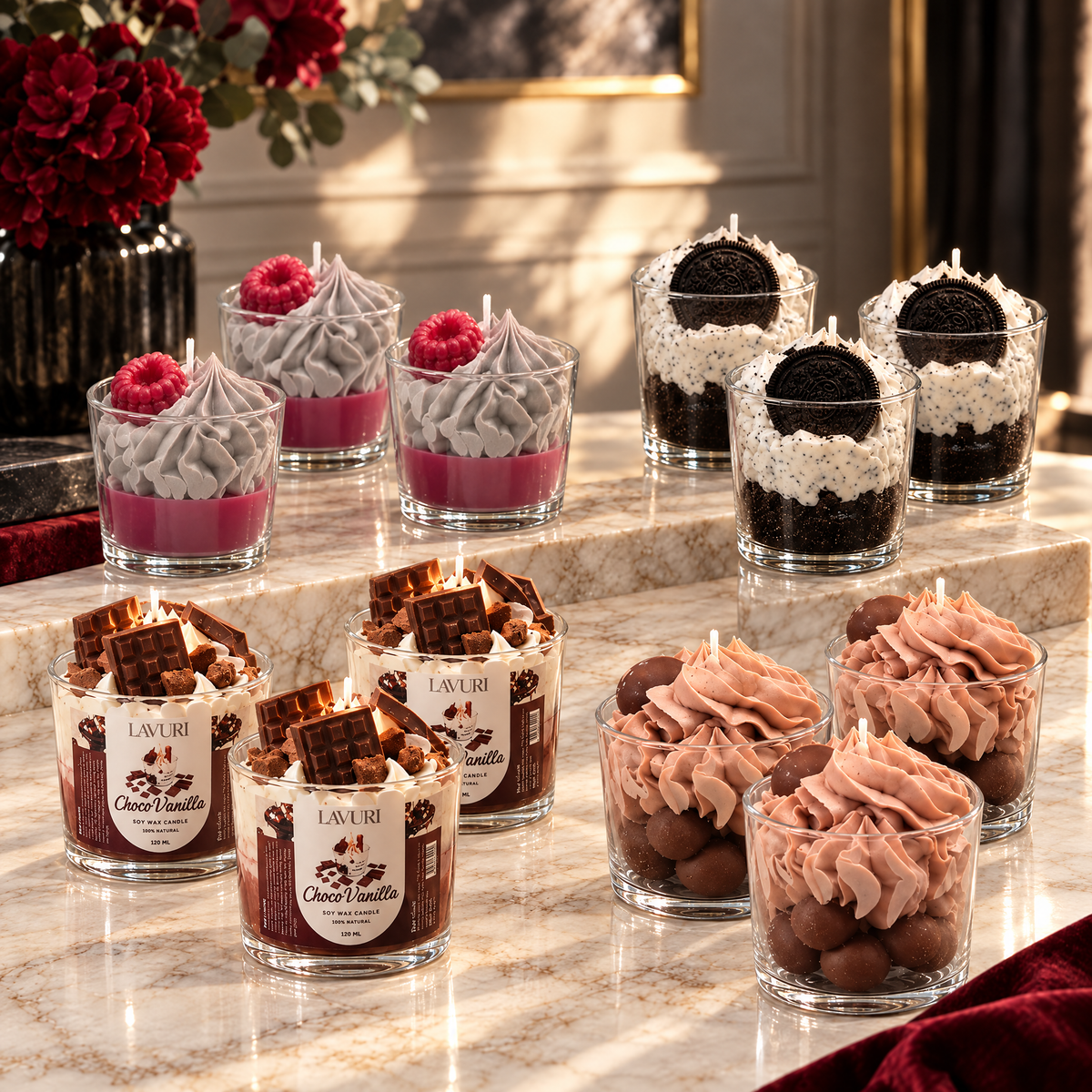 LAVURI Selection: 3 Baie Sauvage CUP, 3 Nòrio Cream CUP, 3 Chocolate Vanilla CUP, 3 Truffle Cream CUP. Handmade soy-wax dessert candle starter pack from Portugal.