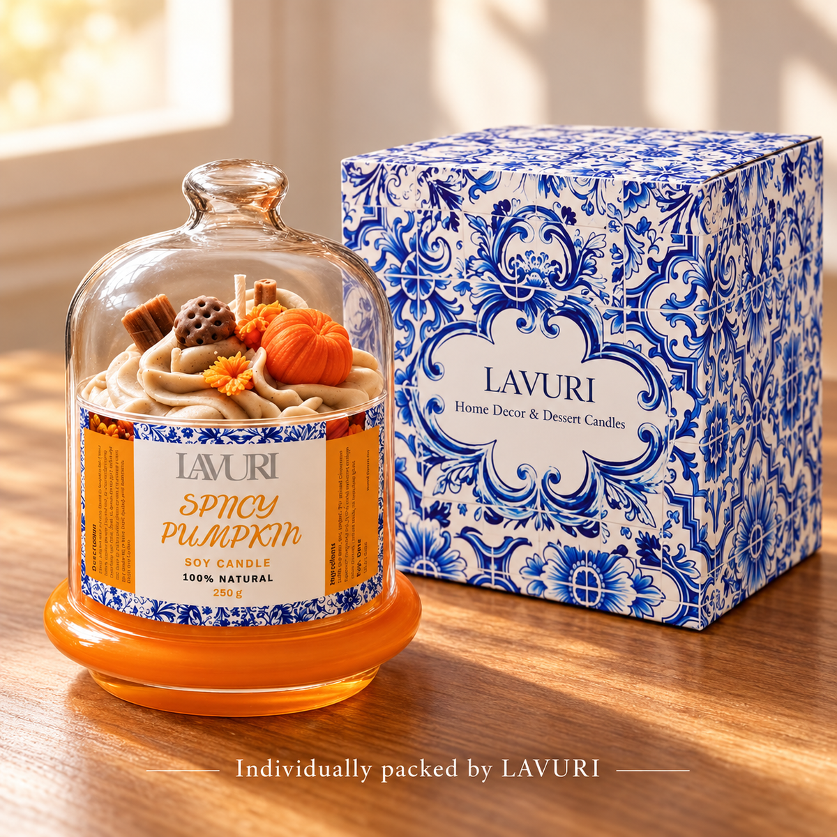 LAVURI Spicy Pumpkin – ręcznie robiona świeca sojowa pod szkłem – świeca w indywidualnym opakowaniu detalicznym LAVURI Azulejo.