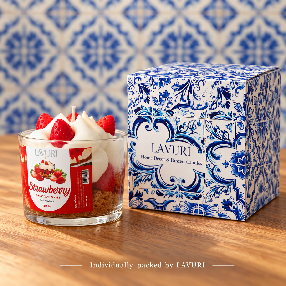 LAVURI Strawberry Cheesecake – Handmade Dessert Candle – candle with its individual LAVURI Azulejo retail packaging.