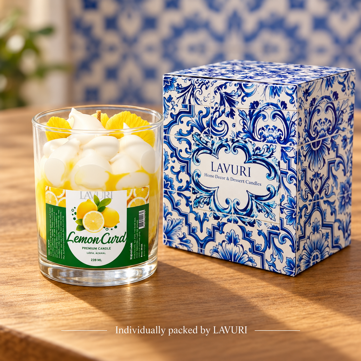 LAVURI Lemon Curd – ręcznie wykonana sojowa świeca deserowa, Portugalia – świeca w indywidualnym opakowaniu detalicznym LAVURI Azulejo.