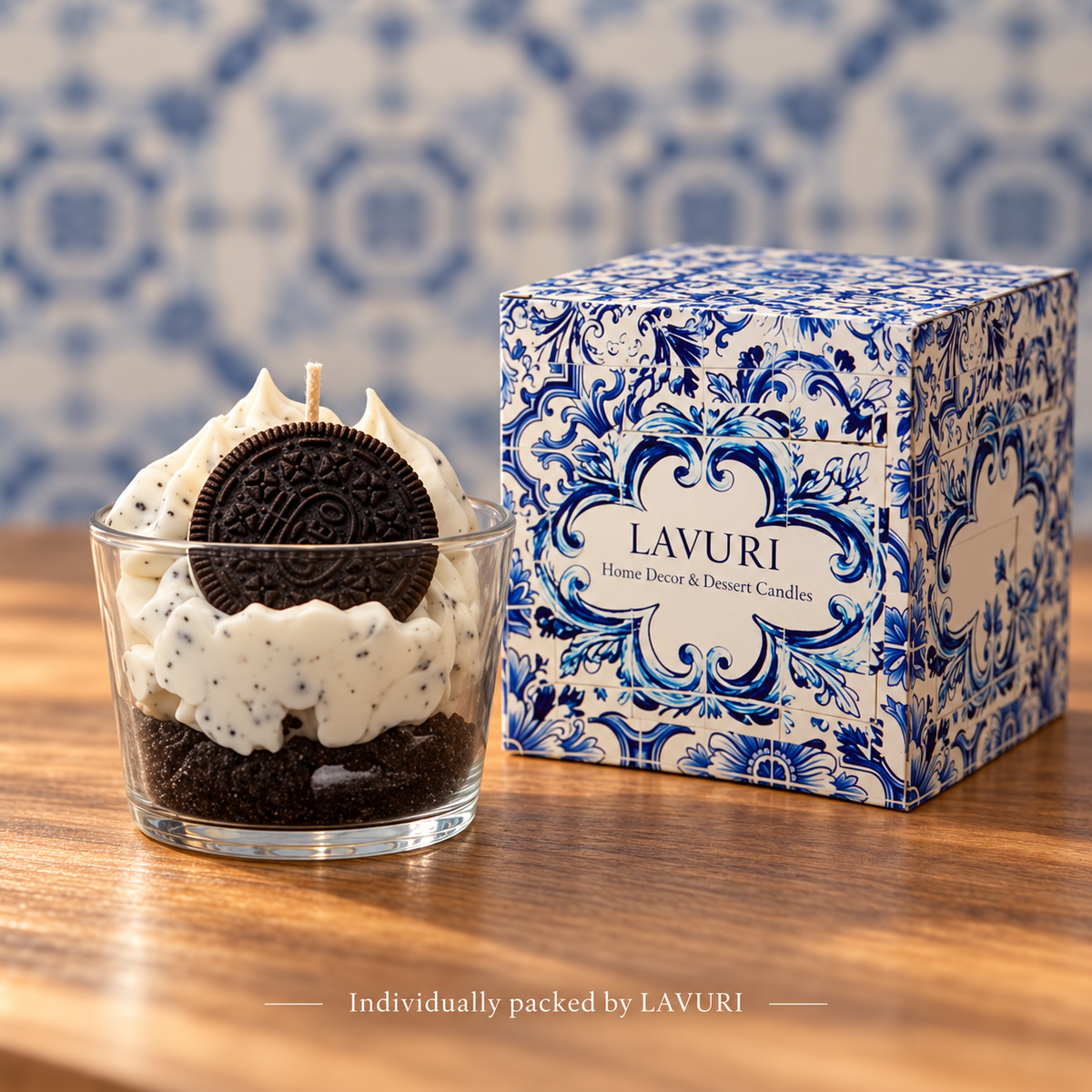 LAVURI Nòrio – Handmade Cookie Vanilla Dessert Candle – candle with its individual LAVURI Azulejo retail packaging.