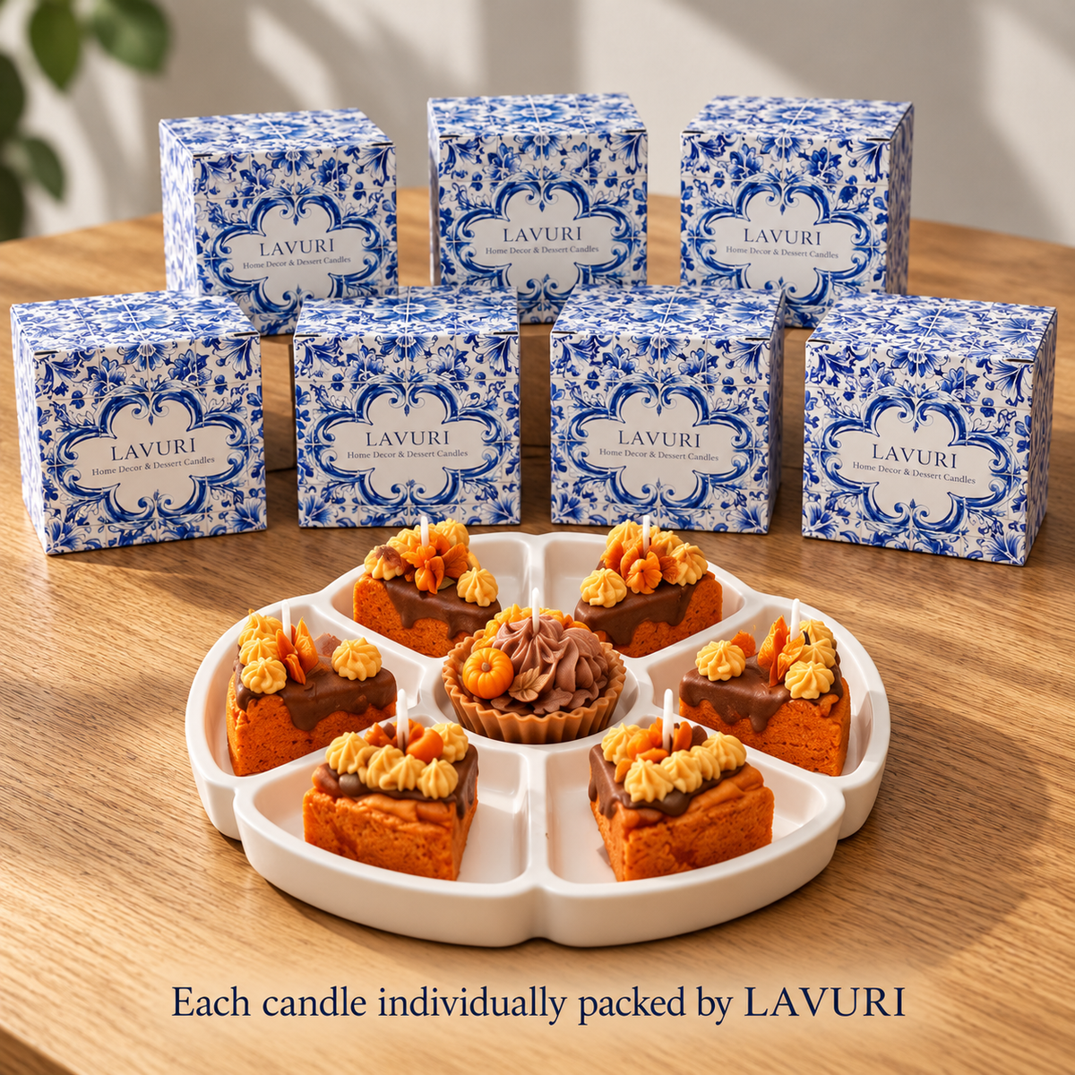 LAVURI Spicy Pumpkin Cake: seven candle pieces with one individual LAVURI Azulejo box per candle.