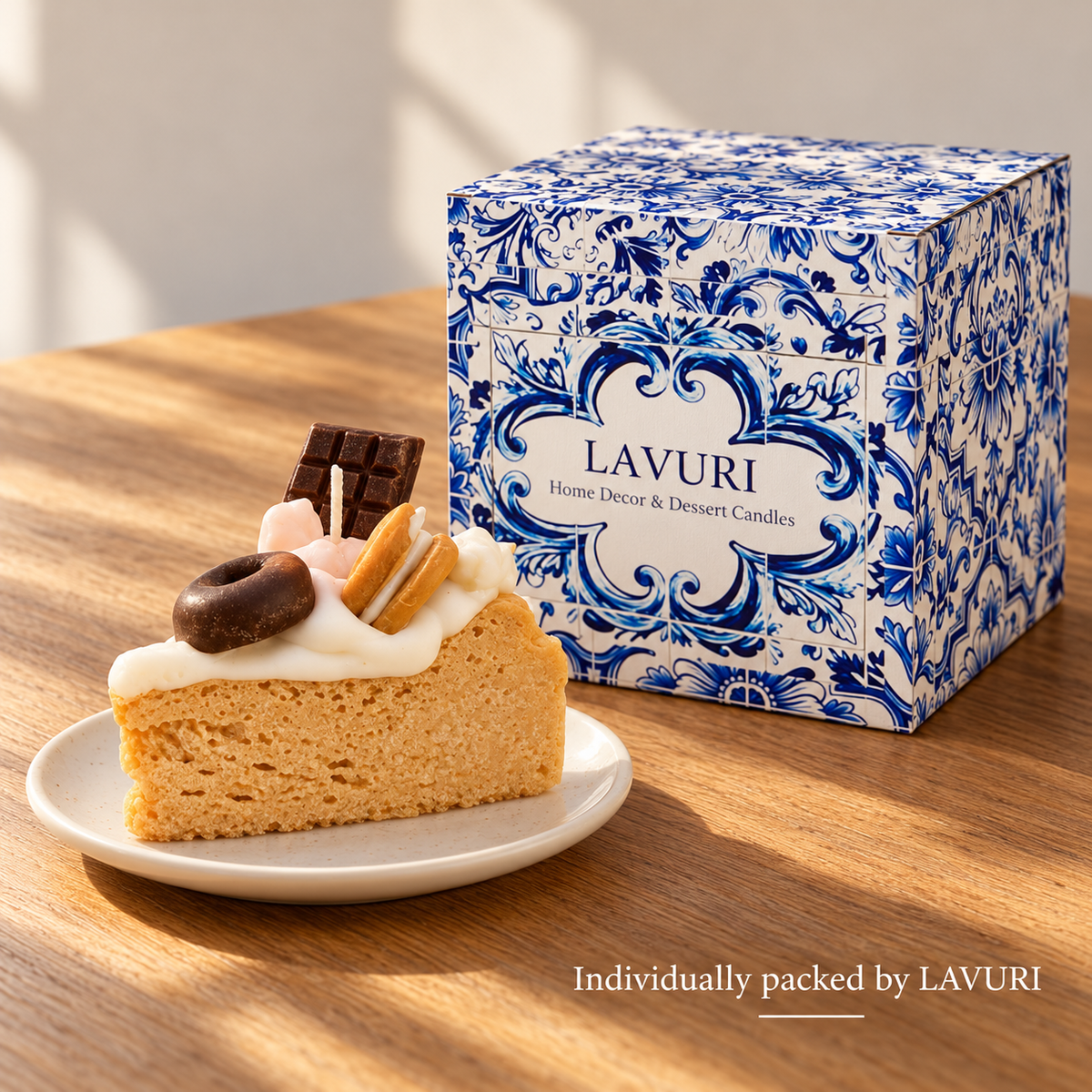 LAVURI Caramel Slice: dekoracyjna świeca przedstawiona obok osobnego pudełka detalicznego LAVURI Azulejo.