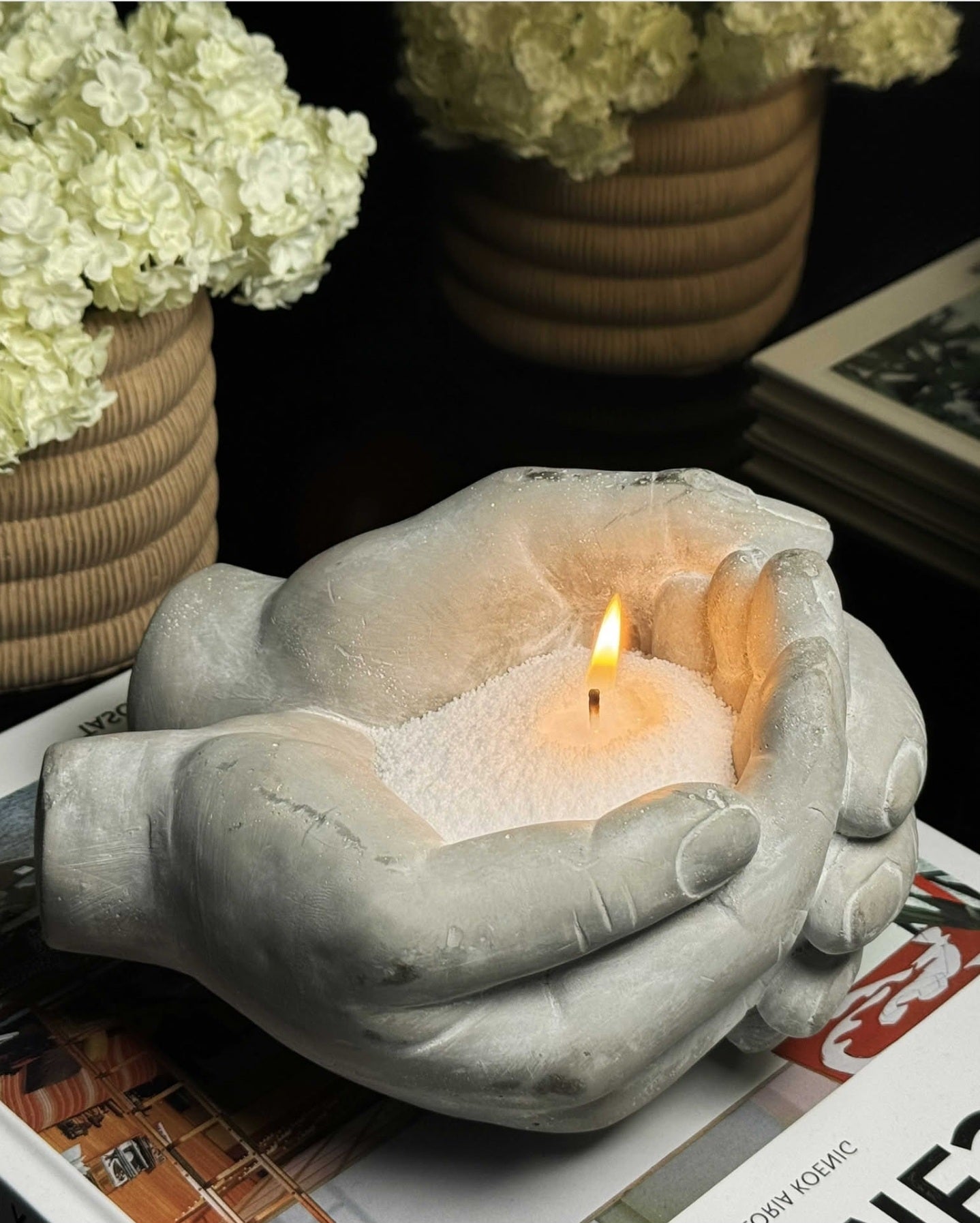 LAVURI Decorative Limestone Hands Jewelry - Decorative - Sculpture - Candle Sand Candy Dish White + Cork Protector