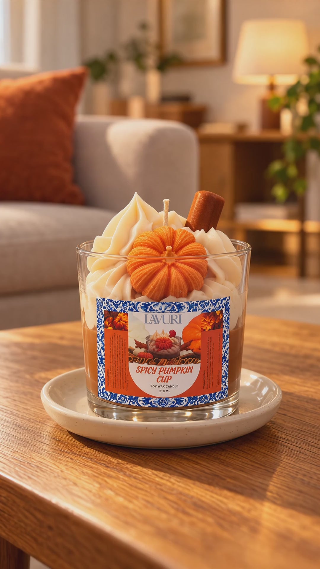 LAVURI Spicy Pumpkin Cup – silent demonstration of lighting the wick on a ceramic saucer and enjoying the fragrance.