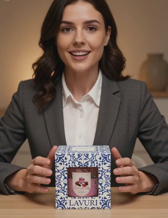 LAVURI Wild Berry Cream – silent unboxing of the dessert candle from its individual Azulejo retail box.